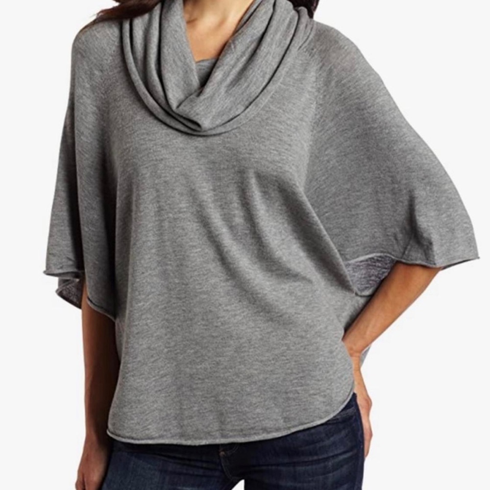 JOIE Cowl Neck Sweater gray size L curved hem wide sleeves poncho sweater